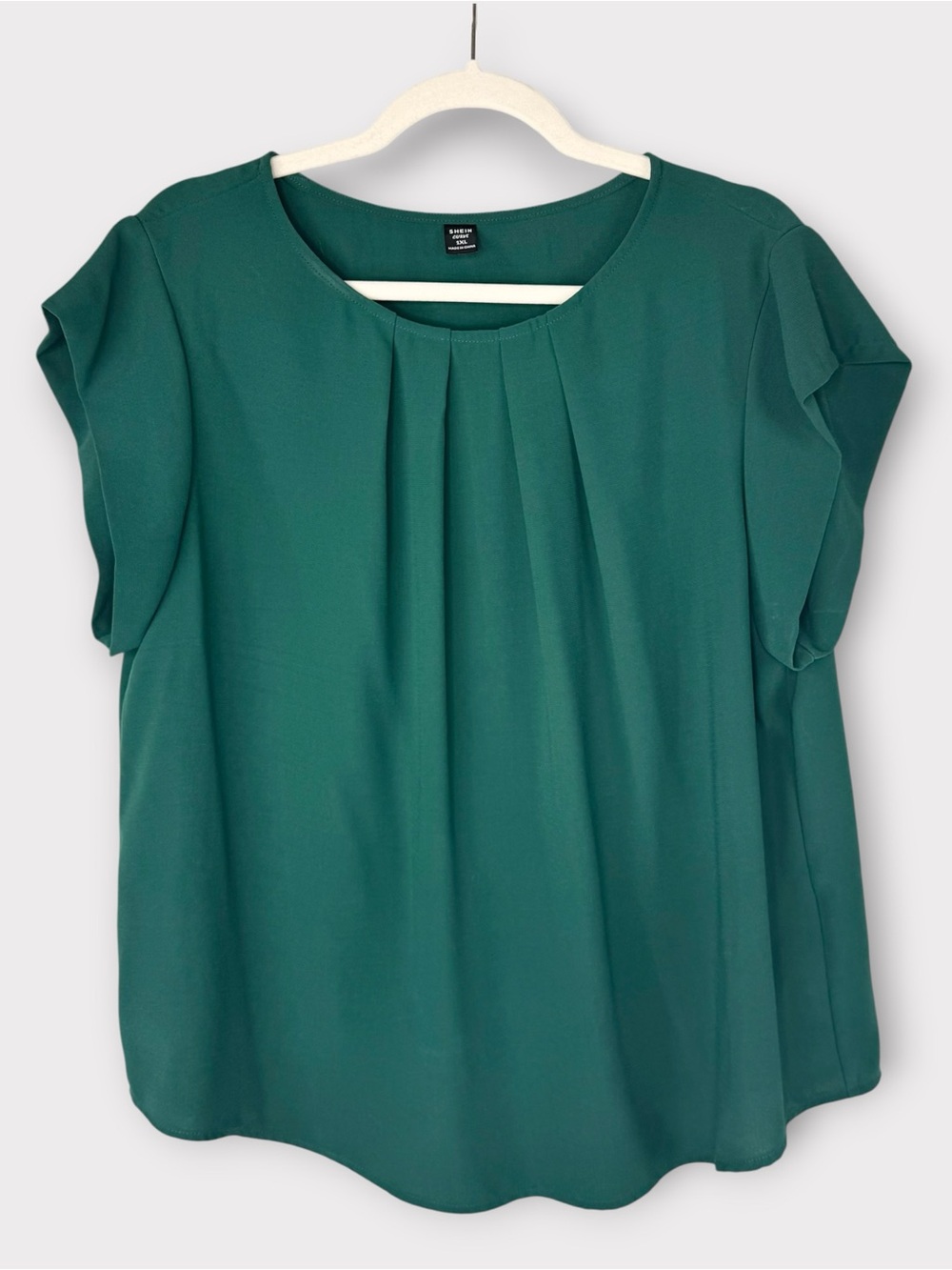Shein Curve Dark Emerald Green Pleated Front Short Sleeve Blouse Top XL Forest